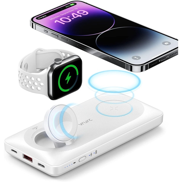 Baterie externa wireless, Powerbank magnetic de 10000 mAh, 3 in 1, pentru smartwatch si telefon mobil, incarcare rapida 20W, compatibil iPhone, Apple Watch, Samsung, alb