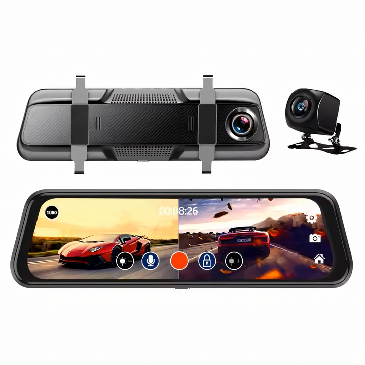 Автомобилна DVR камера Mepi Tech®, Огледало за обратно виждане, 1920x1080P, Защита против отблясъци, Предна/Задна, Wi-Fi, Сензорен екран 10 инча, Full HD, 170° ъгъл, Режим Паркиране, Сензор за движение, G-сензор, За заден ход, Специализирано приложение