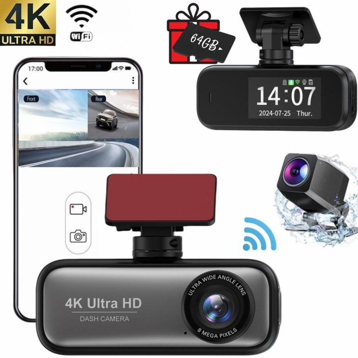Nuvora Автомобилен DVR, Видеорегистратор, Full HD 4K, 1080P, Модерен дизайн, WiFi, G-сензор, Цикличен запис, Нощно виждане, Камера за задно виждане
