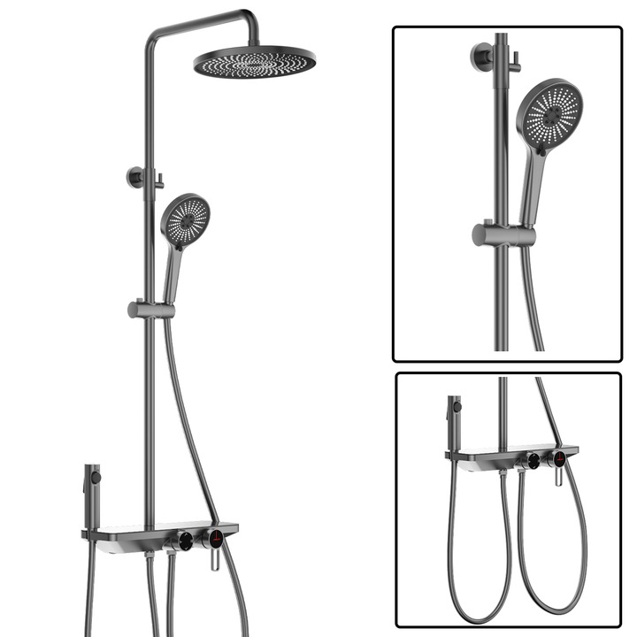 Sistem de dus si cada cu 2 dusuri de mana, 3 functii, montaj pe perete, otel inoxidabil, Gun grey, Eleganza