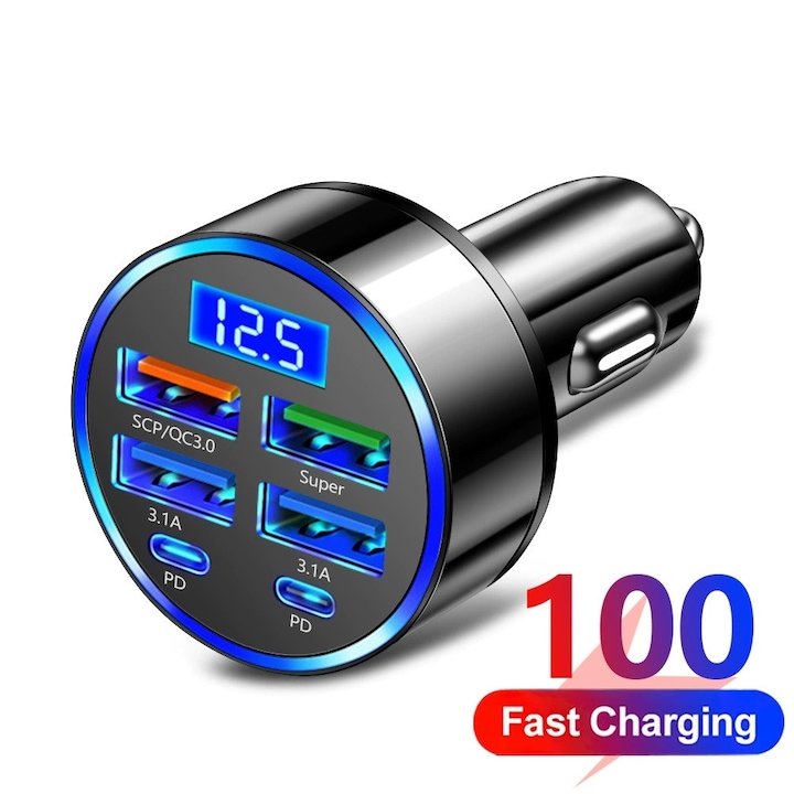 Incarcator de masina cu 6 porturi, 4 porturi de incarcare rapida USB 2+PD, incarcator de masina USB, incarcare rapida cu afisaj cu lumina LED, adaptor pentru incarcator auto, negru
