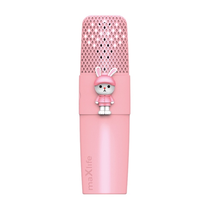 Microfon karaoke pentru copii, conectivitate Bluetooth, model iepuras, cablu incarcare Micro-USB, 400 mAh, functie de modelare a vocii, Roz