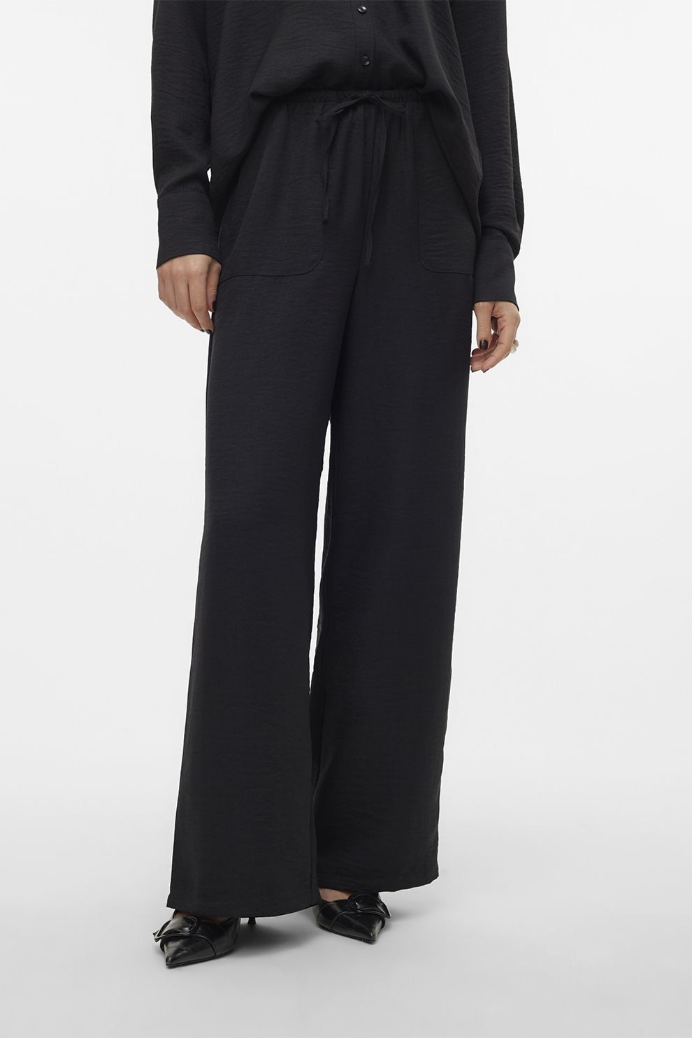 Vero Moda, Pantaloni cu croiala ampla si snur, Negru, M