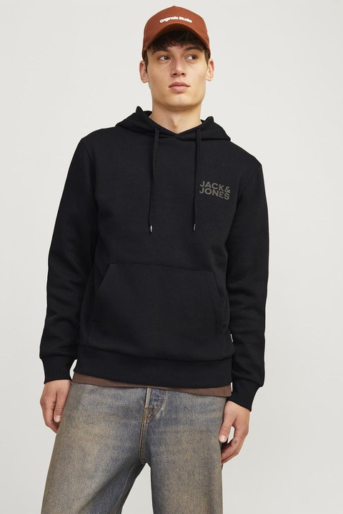 Jack & Jones, Hanorac cu imprimeu, logo si buzunar kangaroo, Negru