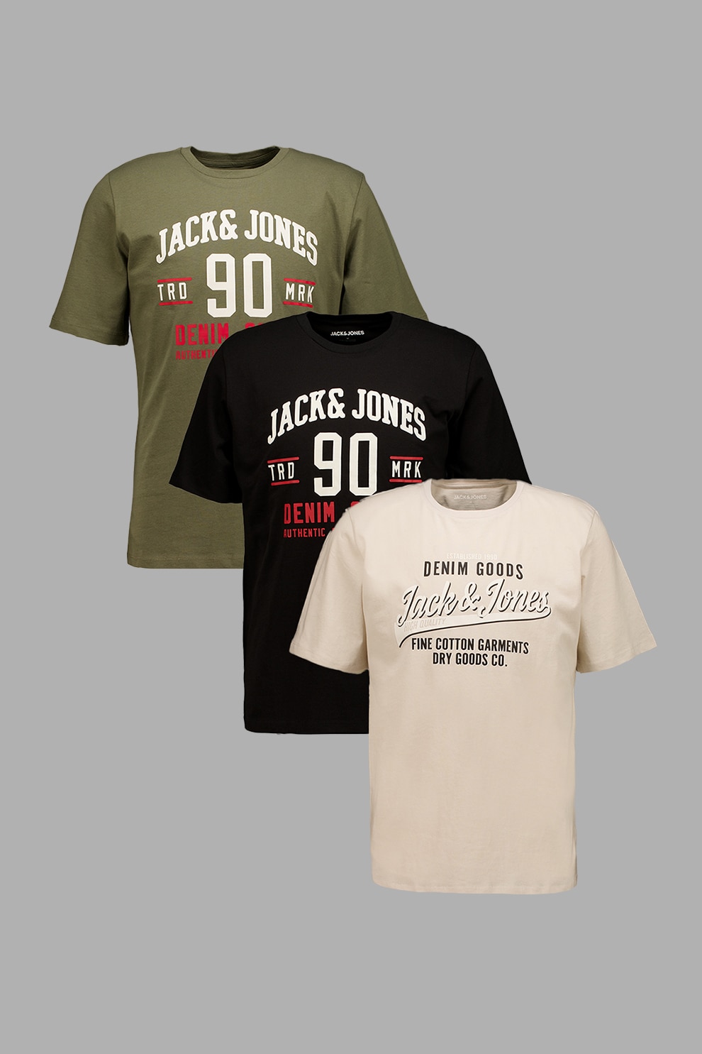 Jack & Jones, Set de tricouri cu decolteu la baza gatului si logo - 3 piese, Negru, Bej, Verde masliniu, S