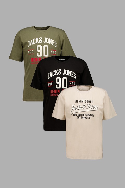 Jack & Jones, Set de tricouri cu decolteu la baza gatului si logo - 3 piese, Negru/Bej/Verde masliniu