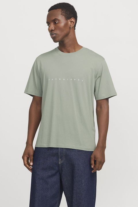 Jack & Jones, Kerek nyakú logós pamutpóló, Világoszöld