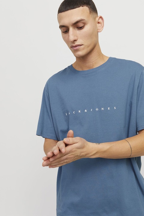 Jack & Jones, Tricou cu decolteu la baza gatului si imprimeu logo, Albastru inchis