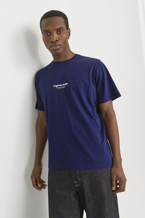 Jack & Jones, Tricou de bumbac cu imprimeu text, Bleumarin, S
