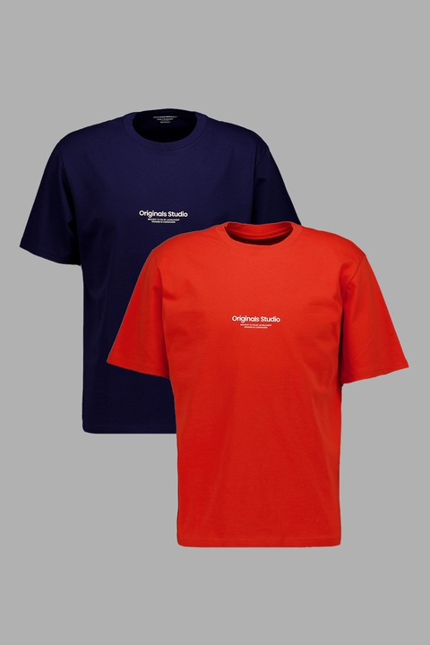 Jack & Jones, Kerek nyakú pamutpóló szett - 2 db, Mandarinszín/Tengerészkék