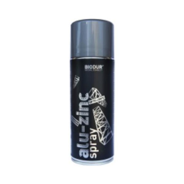 Szórófesték, Biodur, Fémhez használt, 400 ml, Általános használatra, Zománcspray, Alu-cink, Gyorsan száradó, Horganyzott szerkezetek védelme, Magas hőmérsékletnek ellenálló, Cink