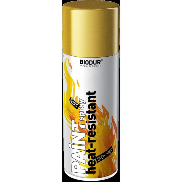 Спрей боя, Biodur, Използва се за метал, 400 ml, Общо предназначение, Емайл, Топлоустойчив златен, Гъвкав емайл, Устойчив на високи температури, Подходящ за открити повърхности, Златен
