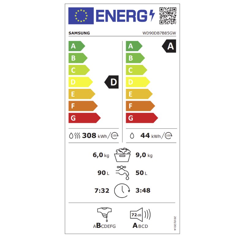Masina de spalat cu uscator Samsung BESPOKE WD90DB7B85GWU2, 9/6 kg, 1.400 U