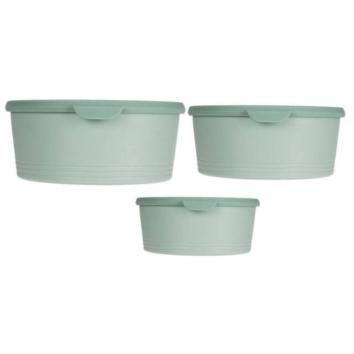 Containere pentru alimente rotunde din plastic, 3 bucati de dimensiuni diferite. - verde