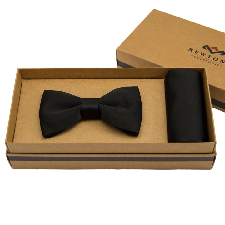 Set Papion Clasic si Batista din Tesatura Satinat, Cu aspect matasos, Newtone, SET-PB-21, Model uni, Negru, 12 x 6 cm, 22 x 22 cm