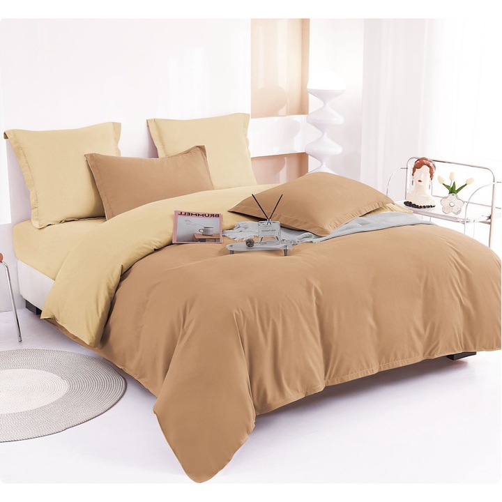 Set Lenjerie CHIRASO, din Finet gros, pentru pat dublu, 6 piese, Cearceaf de pat 230 x 250 cm, Cearceaf pilota 200 x 230 cm, 2 fete de perna 70x70 cm, 2 fete de perna 50x70 cm, in doua culori, maro-maro crem