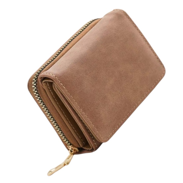 Портфейл, с цип, сгъваем на три, лек и компактен, Кафяв