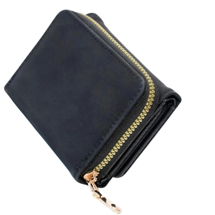 Малък минималистичен портфейл с цип, сгъваем на три, лек и компактен, черен