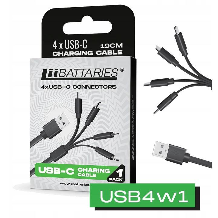 Usb-C Battery Cables Set, Lungime 19 cm, Executie Solida, Materiale De Inalta Calitate, Pentru Baterii Litiu-Ion, Durabil, 4 Bucati, Negru