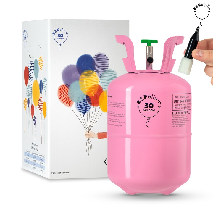 B&Helium – Rózsaszín héliumpalack 30 darab, 23 cm-es lufihoz, Prémium minőségű hélium a hosszú lebegésért, Beépített szeleppel, Ideális partik, születésnapok, esküvők és rendezvények dekorálásához