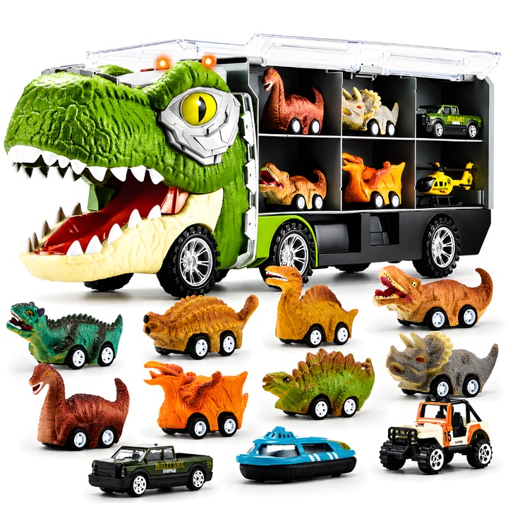 Set Camion Tir De Jucarie Pentru Copii Transport, KidProtect® DinoHaul Car Carrier, 13 in 1, Cu Sunete si Lumini, Masinute Mini Dinozaur, Camioneta, Barca, Jeep, Elicopter, Cu Mecanism "Pull Back", 3 ani+
