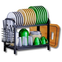 Suport de vase pe 2 niveluri cu tava de scurgere, Galaxia®, Organizator pentru tacamuri, pahare si tocator, 41 x 32 x 20 cm, Negru