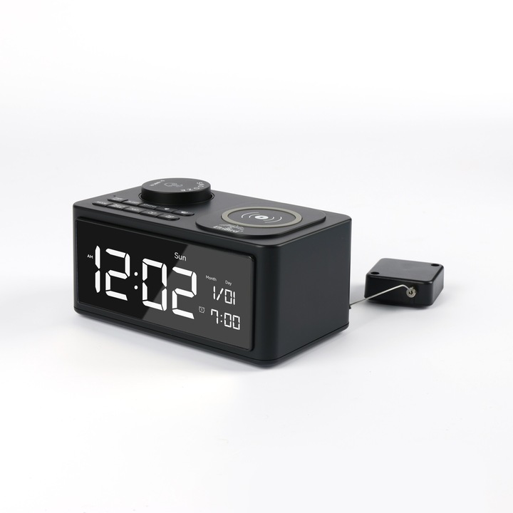 ElriBird Ceas Desteptator Digital cu Incarcare Wireless, Difuzor Bluetooth, Afisaj LED, Radio FM, Alarma Dubla, Ideal pentru Hoteluri, Statiuni, Birouri si Acasa