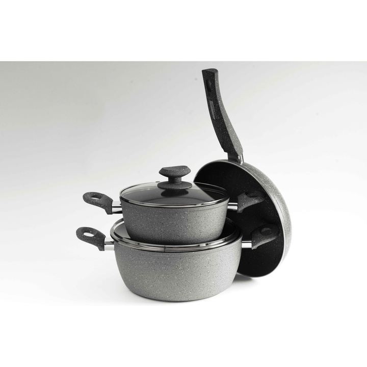 Set oale din aluminiu, teflon, cu capac sticla + tigaie (5 piese) Gri 20/24cm