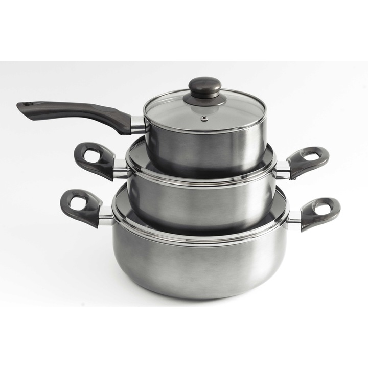 Set oale din aluminiu cu invelis ceramic, cu capac sticla (6 piese) Gri, 16-20-24 cm