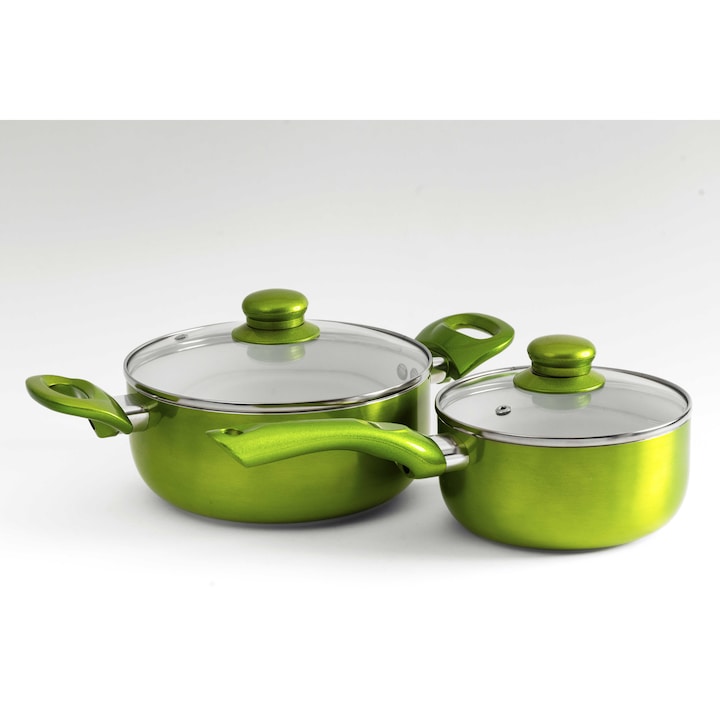 Set oale din aluminiu cu invelis ceramic, cu capac sticla (4 piese) Verde, 20-16 cm