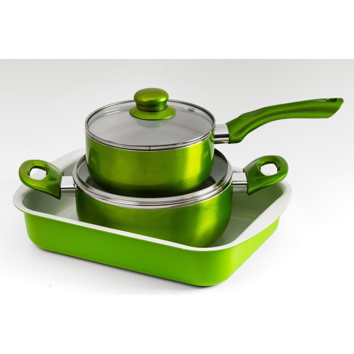 Alumínium edénykészlet kerámia bevonattal, üveg fedővel + tálca (5 db) Zöld, 20-16 cm