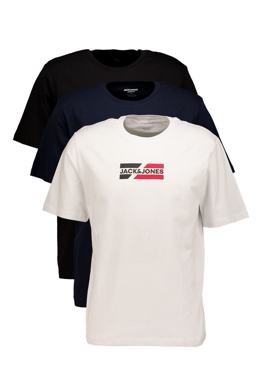 Jack & Jones, Set de tricouri cu imprimeu logo - 3 piese, Alb, Negru, Bleumarin, S