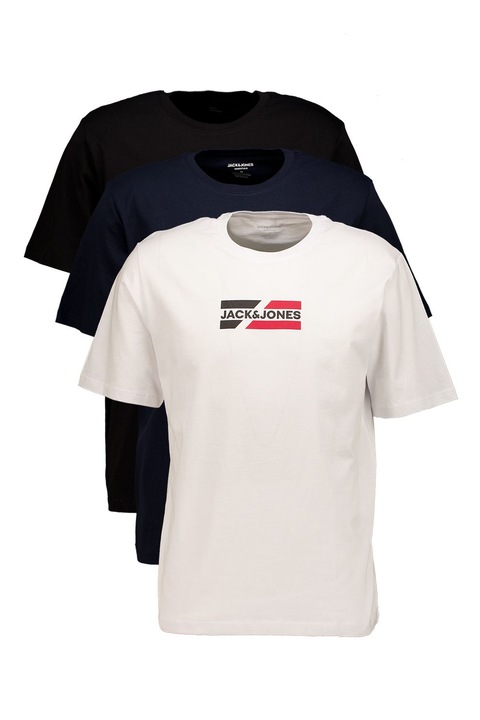 Jack & Jones, Set de tricouri cu imprimeu logo - 3 piese, Alb/Negru/Bleumarin