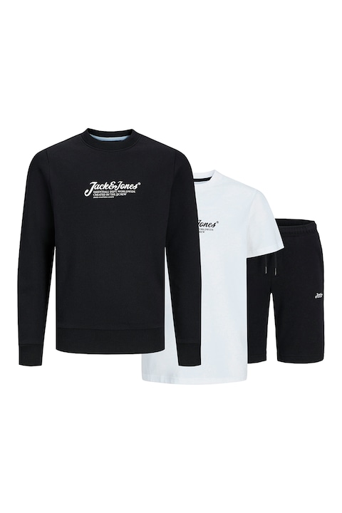 Jack & Jones, Памучен спортен екип с лого, Бял/Черен