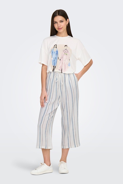 Only, Tricou din amestec de lyocell cu imprimeu grafic, Bej/Alb murdar