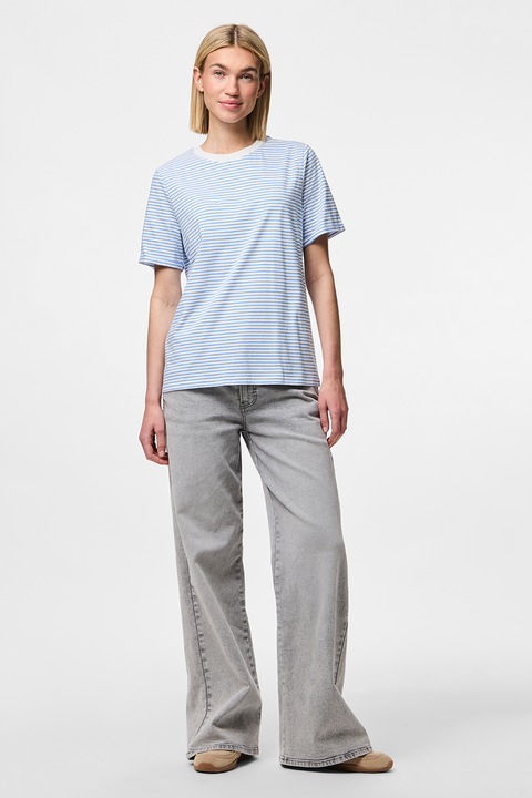 Pieces, Tricou de bumbac organic cu decolteu la baza gatului, Alb/Albastru azur