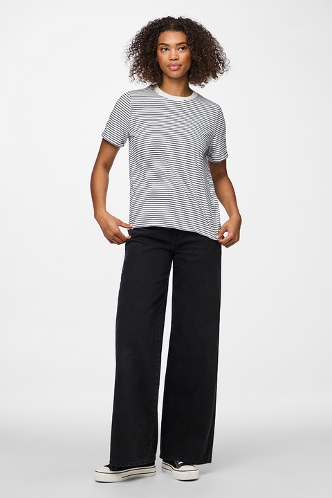 Pieces, Tricou de bumbac organic cu decolteu la baza gatului, Alb/Mov inchis
