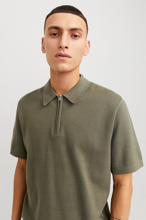Jack & Jones, Galléros póló cipzáros nyakkivágással, Khaki