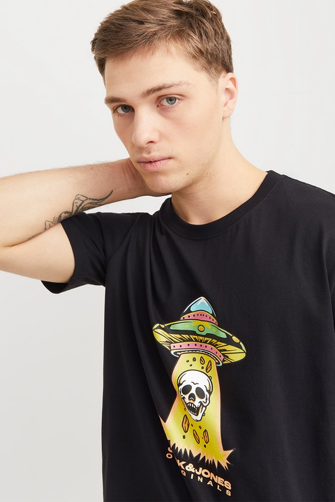 Jack & Jones, Тениска с овално деколте и шарка, Бял/Черен/Жълт