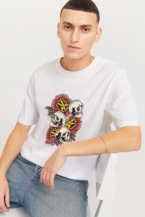 Jack & Jones, Тениска с овално деколте и шарка, Червен/Жълт/Мръснобял