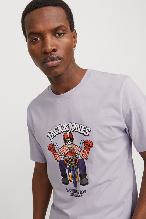 Jack & Jones, Kerek nyakú mintás póló, Fekete/Világosszürke/Tengerészkék