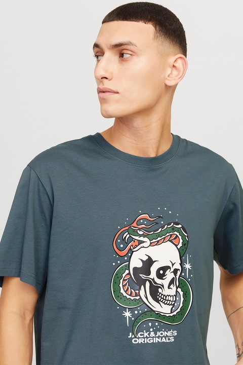 Jack & Jones, Тениска с овално деколте и шарка, Бял/Тъмнозелен/Петролно синьо