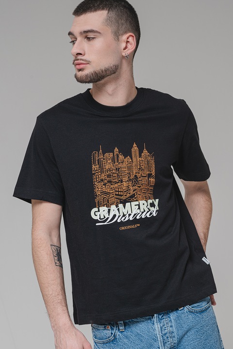 Jack & Jones, Kerek nyakú mintás póló, Fekete