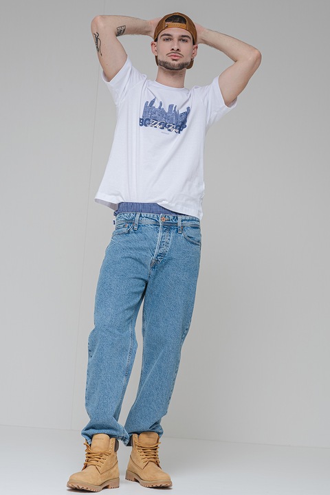 Jack & Jones, Тениска с овално деколте и фигурален принт, Бял
