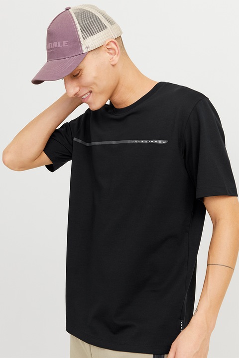 Jack & Jones, Тениска с памук с овално деколте, Черен