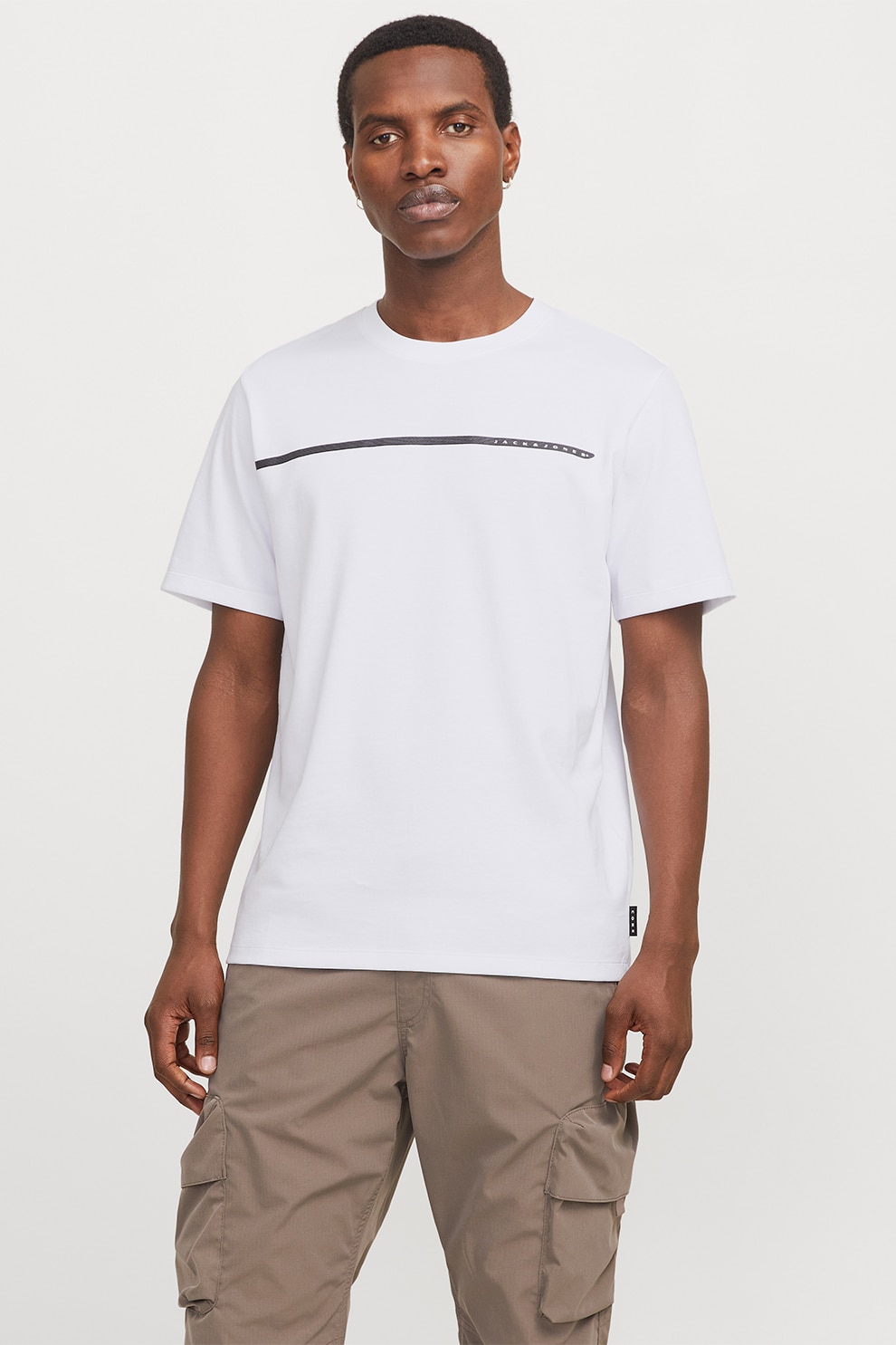 Jack & Jones, Tricou din amestec de bumbac cu decolteu la baza gatului, Negru, Alb optic, S