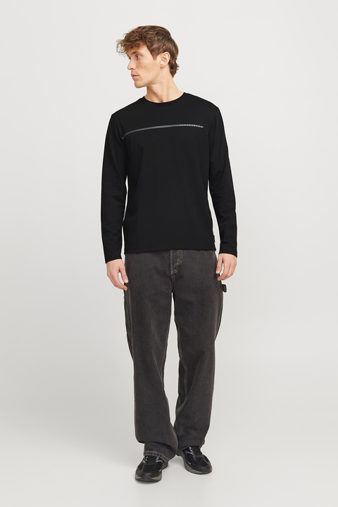 Jack & Jones, Блуза с овално деколте и райе на гърдите, Черен