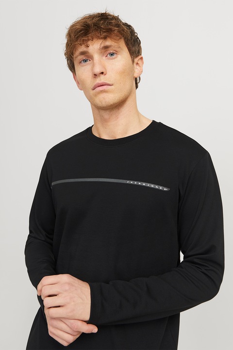 Jack & Jones, Блуза с овално деколте и райе на гърдите, Черен