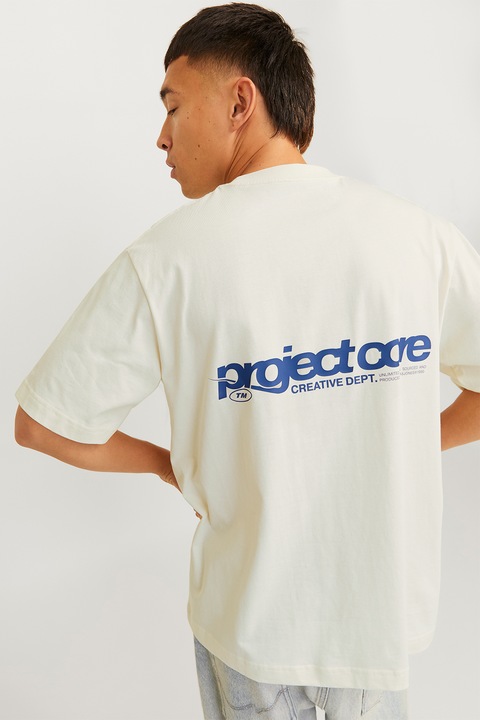 Jack & Jones, Bő fazonú feliratos póló, Csontszín/Kék