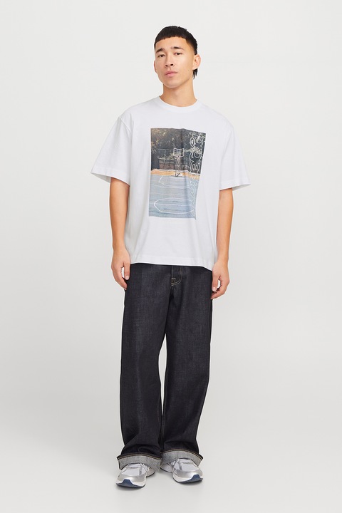 Jack & Jones, Tricou lejer de bumbac, Alb/Albastru deschis